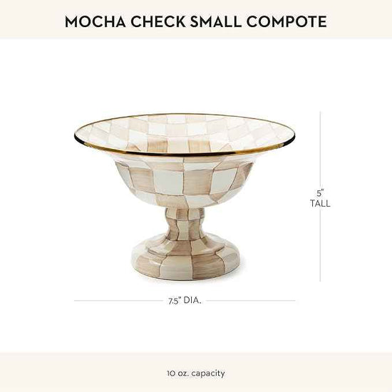 MACKENZIE-CHILDS Enamel Compote, Cute Enamel Pedestal Serving Dish or Decorative Bowl, Small, Brown-and-White Mocha Check