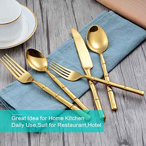 Flatware Set Gold Silverware Set with Bamboo Pattern Mirror Polished 20 Pieces Cutlery Set Housewarming Wedding Gift Service for 4 (4 Count)
