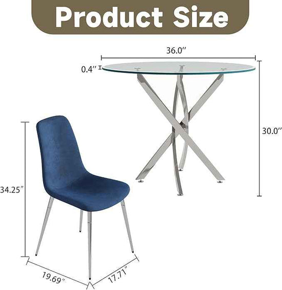AF ARTISAN FURNITURE 36" Round Glass Dining Table Set for 4, 5-Piece Modern Kitchen Table with 4 Blue Scoop Velvet Chairs, Modern Circle Leisure Table for Home Office Dining Room (Silver Leg)