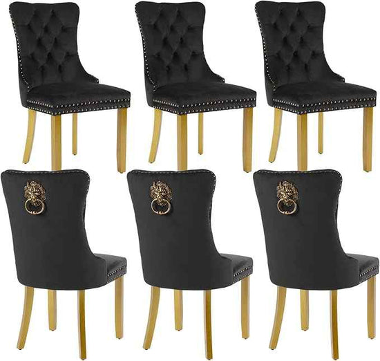 Velvet Dining Chairs Set of 6, Modern Tufted Dining Room Chair, Upholstered Dining Chairs with Lion Head Pulls Ring and Golden Solid Wood Legs, Luxury Kitchen Chairs for Dining Room, Black