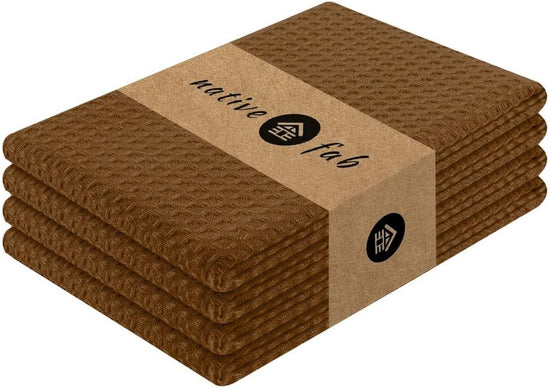 Native Fab Cotton Dish Towel 4 Pack Waffle Weave Tea Towels for Cleaning Drying, 16x26 inches, Soft & Absorbent Washcloths, Kitchen Towel with Hanging Loop, Dish Cloth Set, Brown - Nestoria