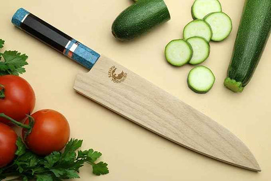 Yoshihiro VG-10 46 Layers Hammered Damascus Gyuto Japanese Chefs Knife Octagonal Turquoise Blue Handle 8.25" (210mm)
