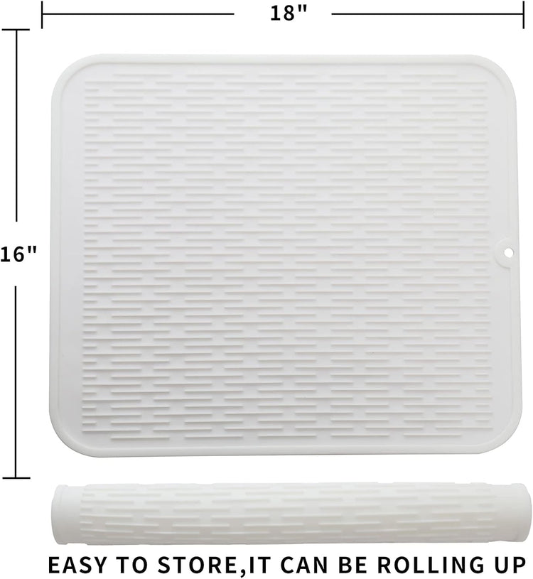 Silicone Dish Drying Mat for Multiple Usage,Easy clean,Eco-friendly,Heat-resistant Silicone Mat for Kitchen Counter or Sink,Refrigerator or Drawer Liner White XL 18 inches x 16 inches