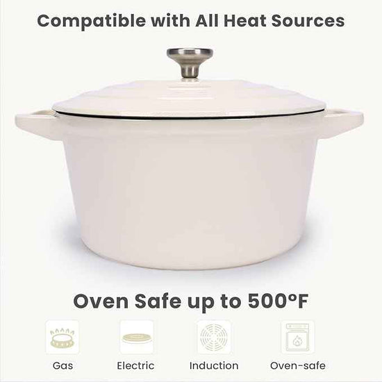 QuliMetal Enameled Cast Iron Set 5-Pc, 10" Stackable Space-Saving Cookware Set, Dutch Oven, Skillet, Grill Pan, with 2 Universal Lid, Versatile Enamel Dutch Oven, Included Spacers, White