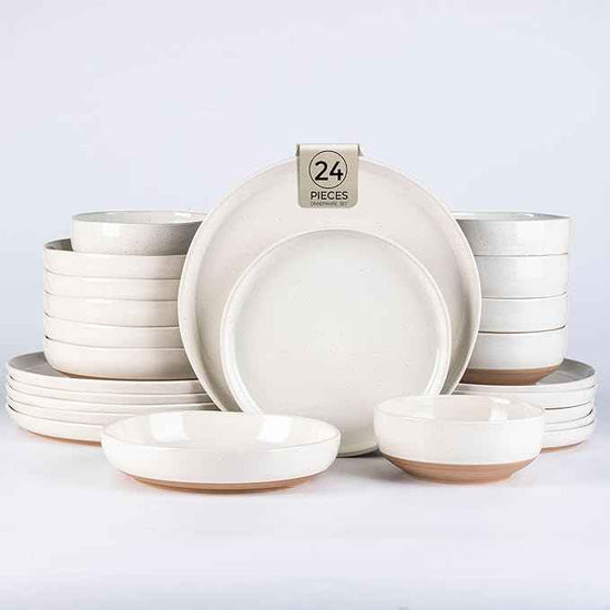 AmorArc Ceramic Dinnerware Sets with Pasta Bowls for 6, Handpainted Plates and Bowls Set with Rustic Terracotta Underside, Scratch Resistant Dishes Set, Dishwasher & Microwave Safe, 24 Pcs