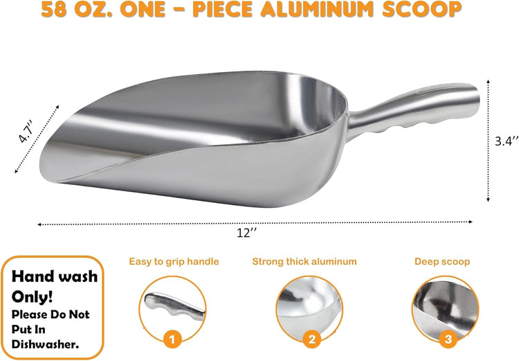 Cast Aluminum Utility Scoop - 58 oz. - Round Bottom, ice scoop For Multi-Purpose Use, With Finger Groove Handle (58 oz.)