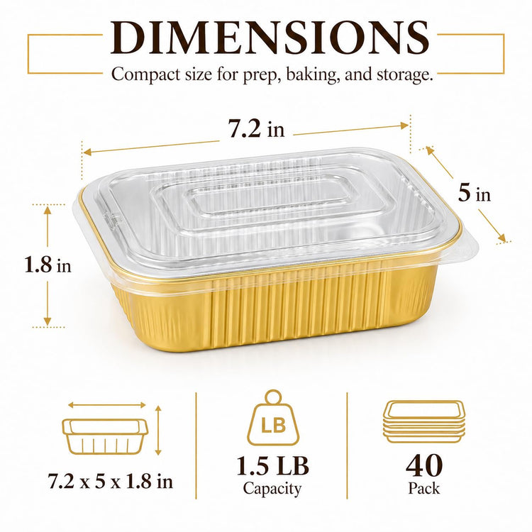 40 Pack 1.5 LB 7.2"×5"×1.8" Aluminum Pans with Lids Heavy Duty (40 Count)