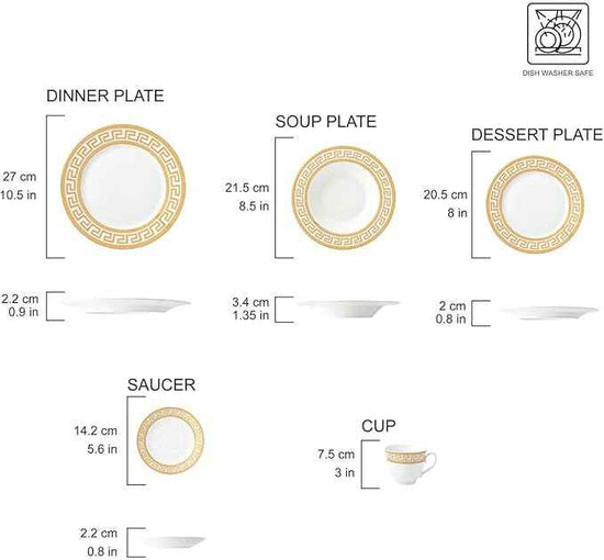 HOMEHUT 80 Pieces Vintage Gold Dinnerware and 18/10 Premium Stainless Steel Silverware Flatware Set - Greek Key Gold HQ Fine China Tableware Service for 8 People