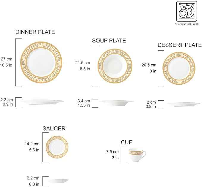 HOMEHUT 120-Pieces Vintage Gold Dinnerware and 18/10 Premium Stainless Steel Silverware Flatware Set - Greek Key Gold HQ Fine China Tableware Service for 12 People