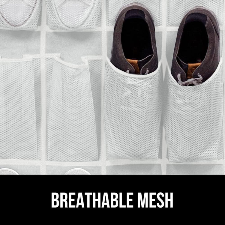 GORILLA GRIP Over the Door Shoe Organizer, 35 Large Breathable Mesh Pockets, Space Saving Hanging Storage Holder, 5 Hook Closet Rack Hanger, Hangs on Closets for Shoes, Accessories 68.5H x 24.5W White