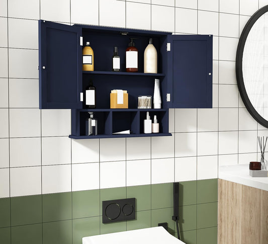 ChooChoo Bathroom Cabinet Wall Mounted 2-Door with 3 Open Shelves， Wooden Medicine Cabinets with Adjustable Shelf，Space Saver Storage Cabinets Over The Toilet for Bathroom&Living Room,Blue