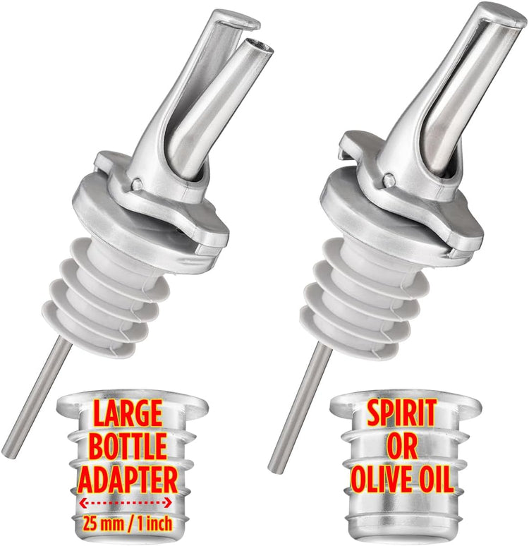 3-in-1 Liquor Bottle Pour Spouts with Built-in Fruit Fly Protection - Dishwasher Safe Hygienic Alcohol Pour Spouts - Also for Olive Oil, Juice, Syrup - Silver 2 Pack with 2 Adapters for Large Bottles