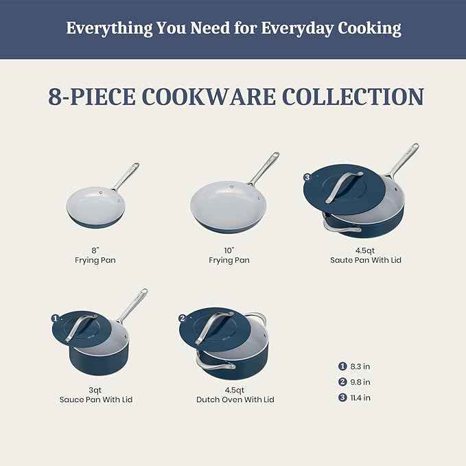 Ceramic Cookware Set 8 Pieces Nonstick Pots and Pans Set with Lid PFAS-Free Non Toxic Cookware, Induction Compatible, Oven Safe, Quick & Even Heat Distribution, Navy Blue