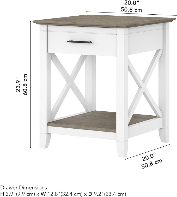 Bush Home End Table with Drawer, Nightstand with Storage, Living Room and Bedroom Furniture, Key West Collection, Shiplap Gray & Pure White