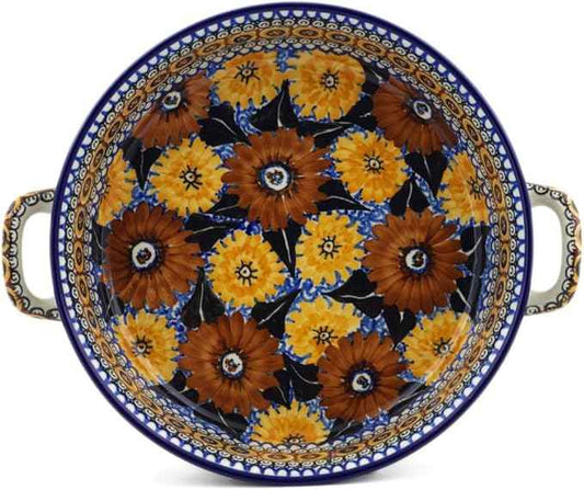 Polmedia Polish Pottery Round Baker with Handles 10-inch UNIKAT - Autumn Chrysanthemums Pattern Handmade in Boleslawiec Poland by Ceramika Artystyczna + Certificate of Authenticity