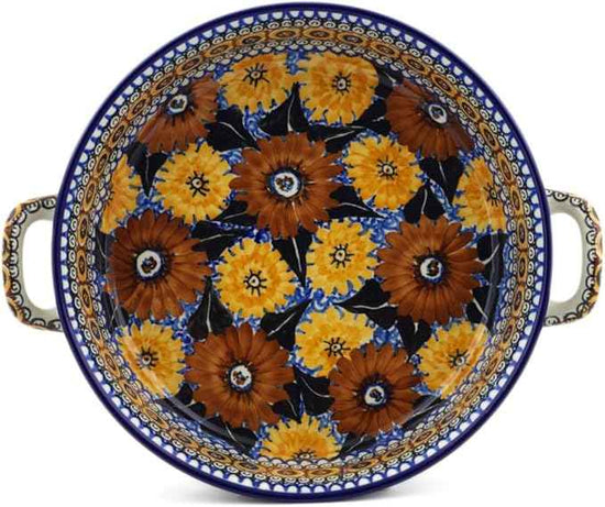 Polmedia Polish Pottery Round Baker with Handles 10-inch UNIKAT - Autumn Chrysanthemums Pattern Handmade in Boleslawiec Poland by Ceramika Artystyczna + Certificate of Authenticity