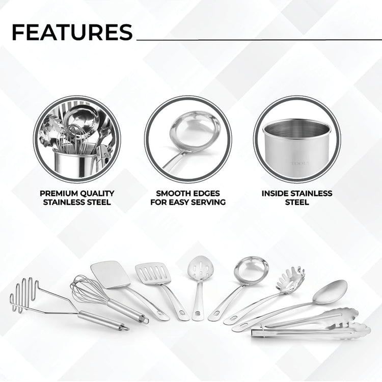 Premium Set of 10 Stainless Steel Kitchen Tool Set with Holder Easy To Clean (10 Count)