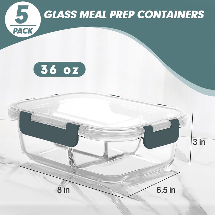 Glass Meal Prep Containers 3 Compartments (5 Count)