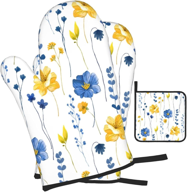 Navy Blue Yellow Flower Oven Mitts and Pot Holders Sets of 3 Watercolor Floral Decorative Hot Pads Heat Resistant Non Slip Washable for Cooking Grilling Baking BBQ Kitchen Decor
