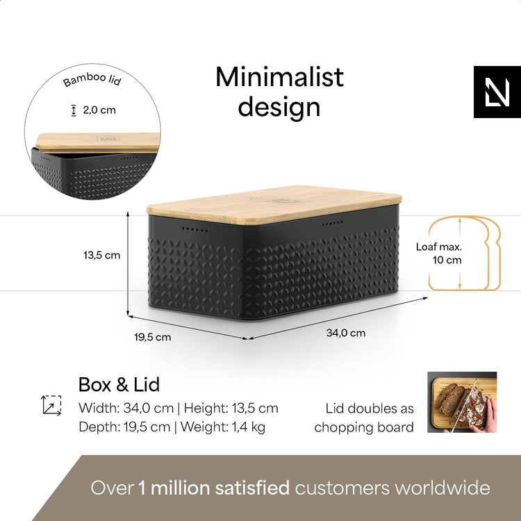 LARS NYSØM Bread Box I Metal Box with linen bag for long lasting freshness I Bread Bin with bamboo lid usable as cutting board I 13.4x7.3x5.3In (Carbon Black)