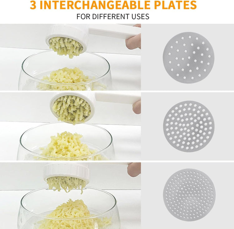 LHS Potato Ricer, Potato Masher for Potatoes with 3 Interchangeable Discs, Large Capacity Potato Masher and Ricer Kitchen Tool for Fruit, Vegetables, Baby Food, White