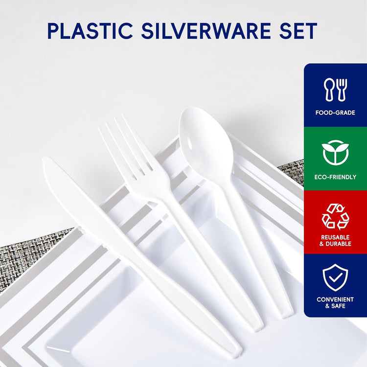 JOLLY CHEF 360 Count White Plastic Silverware Heavy Duty, 180 Forks, 120 Spoons, 60 Knives, Heat Resistant, BPA Free, Plastic Utensils Set, Disposable Cutlery set, Premium Clear Utencils