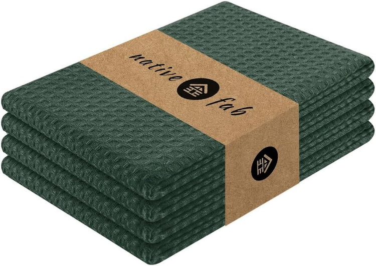 Native Fab Cotton Kitchen Towel with Hanging Loop 16x26 inches, 4-Pack, Waffle Weave Kitchen Towels for Cleaning Drying, Washcloths Soft & Absorbent Cloth Rags, Bar Towel, Dish Cloth, Olive Green - Nestoria