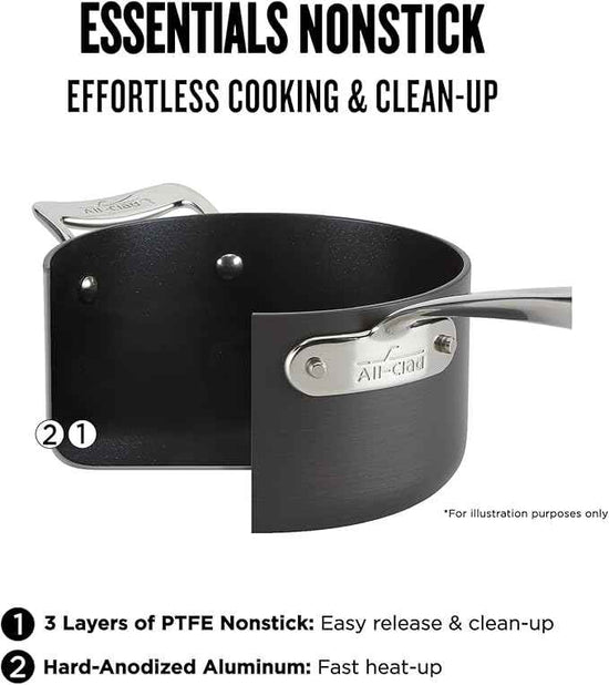 All-Clad Essentials Hard Anodized Nonstick Cookware Set 10 Piece Oven Safe 350F Pots and Pans Black