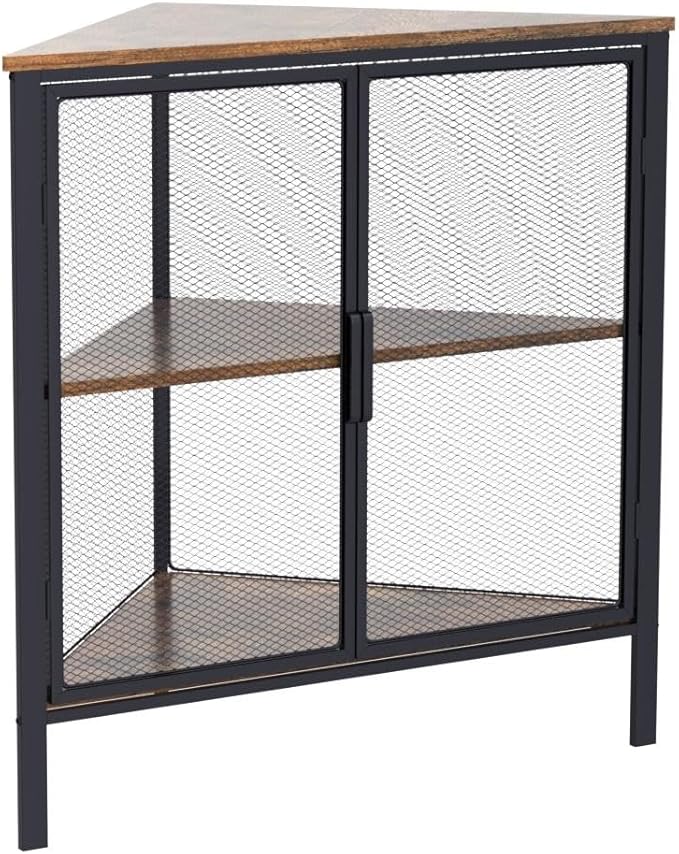 VECELO Corner Cabinet with Two Doors and Shelves, Free-Standing Storage Organizer for Small Space in Living Room/Bedroom/Kitchen, Brown and Black