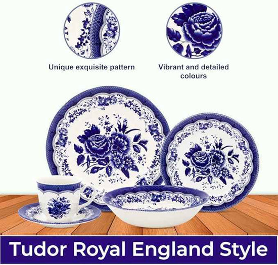 Tudor Royal 30-Piece Porcelain Round Dinnerware Set, Service for 6, Victoria Blue Design, Blue Floral, Plates Bowls Mugs Dishes Saucers, Glossy, Premium Quality Tableware, Unique Pattern