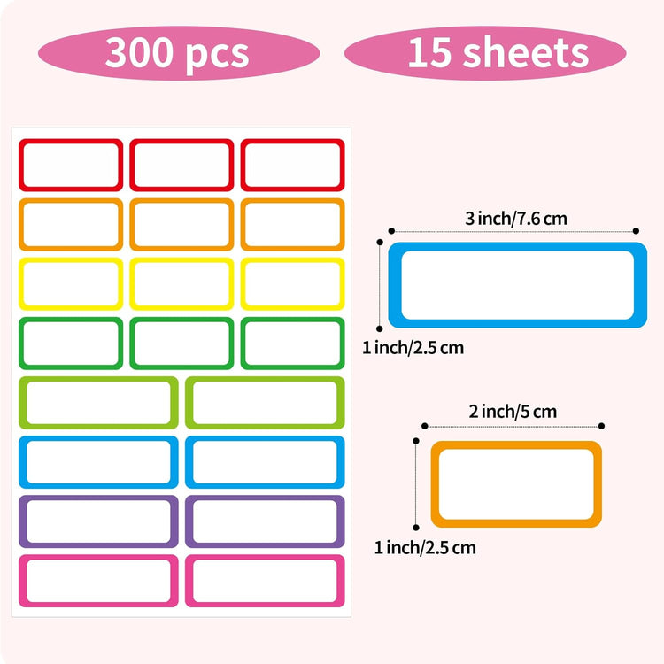 STARLIBOO Colored Labels, Removable Labels Stickers, Self-Adhesive Rectangular Stickers Water/Oil/Tear Resistant for Storage/Classroom/Home (2 Size, 300 Labels)