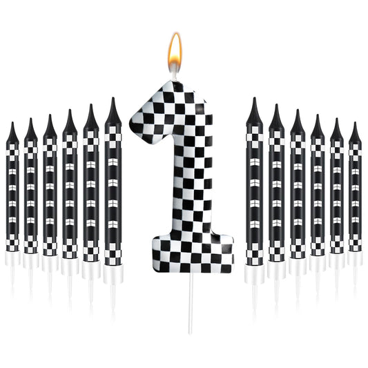 13 Pcs Racing Cars Themed Birthday Candles Black and White Race Number 1 Checkered Candle Cake Topper for Racing Car Party Decoration Supplies (13 Count)