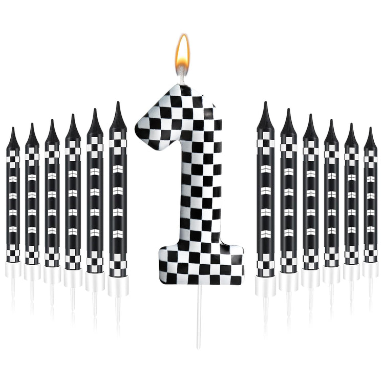 13 Pcs Racing Cars Themed Birthday Candles Black and White Race Number 1 Checkered Candle Cake Topper for Racing Car Party Decoration Supplies (13 Count)