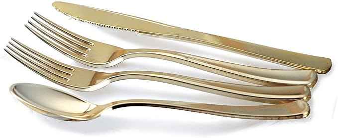 " OCCASIONS " 200 Piece set (25 Guests)-Wedding Plastic Plates & cutlery -Disposable heavyweight Dinnerware 10.5'', 8'' + Silverware + Cups + Napkins (Imperial in Rose Pink & Gold)