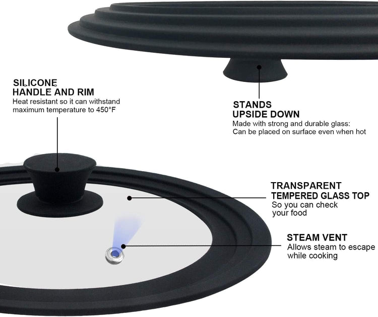 Walfos Universal Lid for 9.5", 10.5" and 11" Diameter Cookware, Fits Pots, Pans and Skillets - Walfos Tempered Glass Pan Lid with Heat Resistant Silicone Rim, BPA Free Pot Lids, Dishwasher-Safe, Black