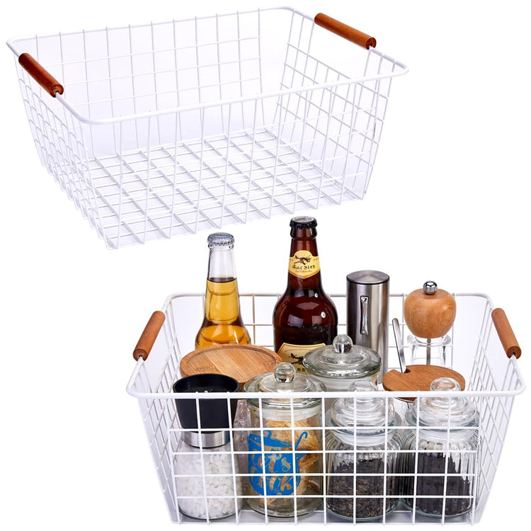 Large white wire baskets with Wooden Handles for storage pantry