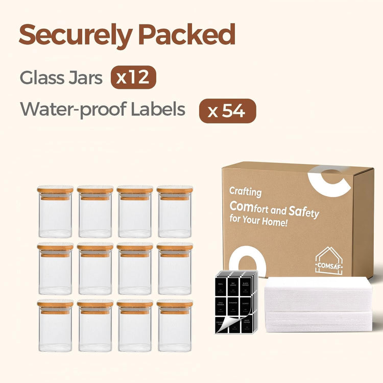 Glass Spice Jars with Labels 6 oz 12 Pack Small Square Bamboo Lids (12 Count)
