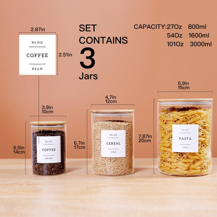 3 Pcs Glass Canisters with Airtight Bamboo Lids and 42 Kitchen Pantry Labels Preprinted