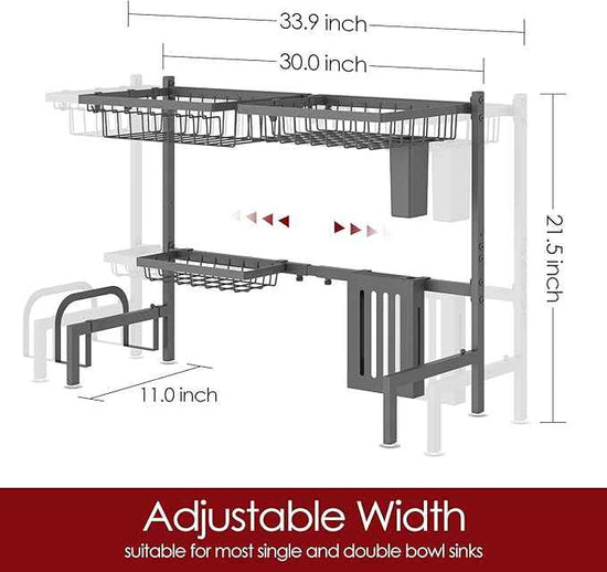 Over The Sink Dish Drying Rack - Adjustable 2 Tier Large Capacity Stainless Steel Drainer with Cutlery & Utensil Holders, Kitchen Storage & Organization, 30"-33.9" L x 11" W x 21.5" H, Gray