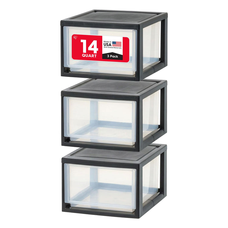 3-Pack, 14.5 Qt. Stacking Drawer Storage Organizer, Black (3 Count)