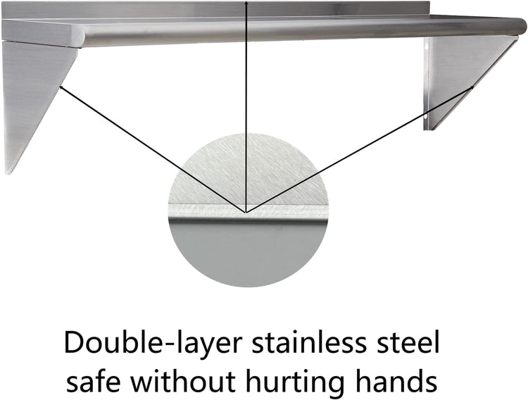 Stainless Steel Shelf 12"x48", Space-Saving Wall Mounted Shelving, 320lb Heavy Duty Steel Shelves with Easy-Clean Surface for Kitchen, Restaurant, Bar, Hotel (Commercial & Home Use)