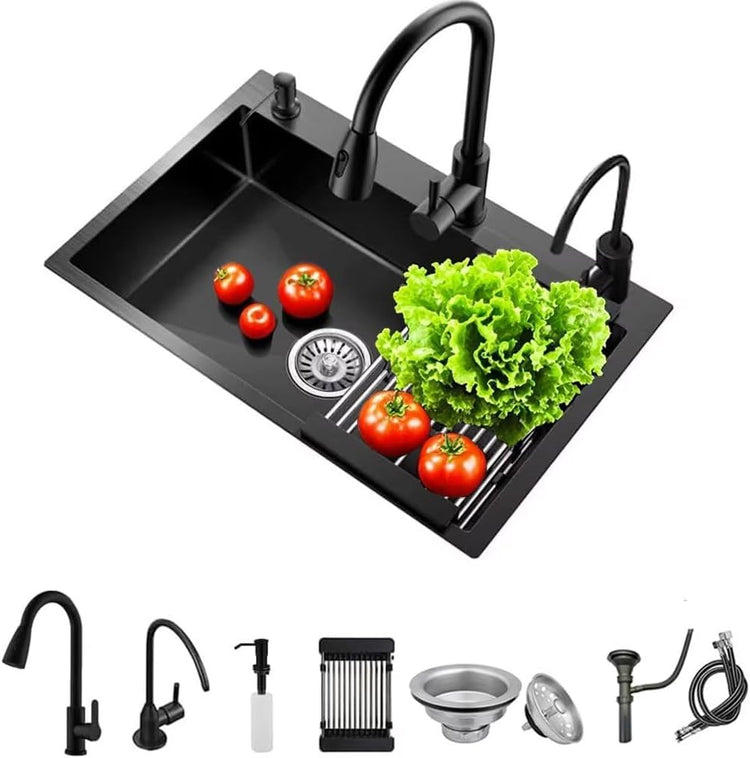 Black Drop in Kitchen Sink, Stainless Steel Single Bowl Sink with 3 Holes, Topmount Workstation Sink, Farmhouse Rectangle Basin with Multiple Accessories (31.5 * 19.7 * 7.9in)
