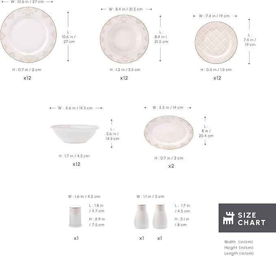 Karaca Siena 53-Piece Porcelain Plates and Bowls Set with Dinner & Dessert Plates, Shakers - Bone China Dishware Sets - Kitchen Dinnerware Set for 12 People