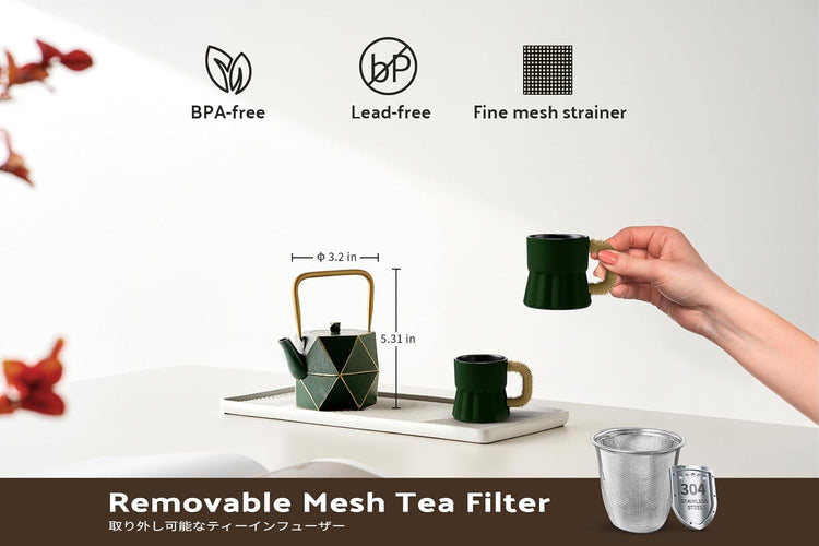 Toptier Mini Tea Kettle, Super Small Palm-sized Teapot, Stovetop Safe Japanese Cast Iron Tea Kettle, Diamond Design Tea Pot with Removable Infuser for Loose Tea, 11 Ounce (325 ml), Dark Green