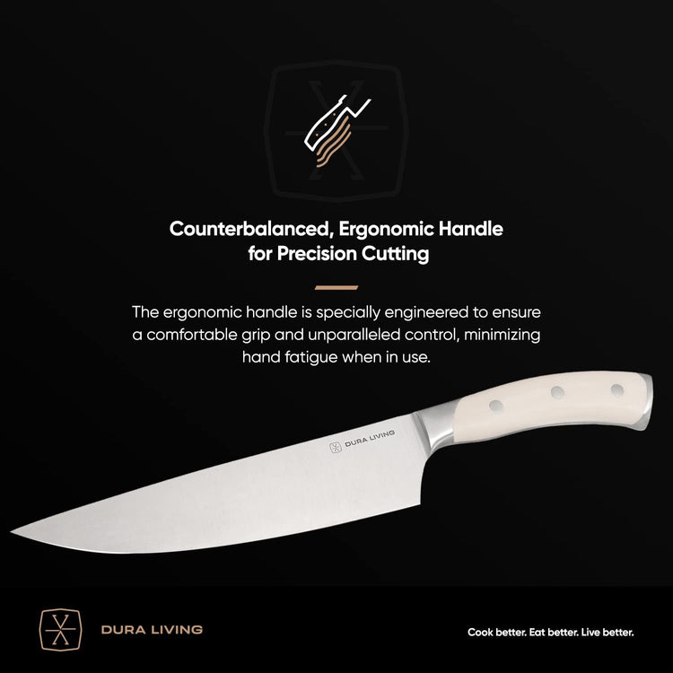 8-Inch Chef Knife – Ultra-Sharp German High Carbon Stainless Steel, Full Tang, Ergonomic Handle, Multipurpose Kitchen Knife for Chopping, Slicing, and Dicing, Cream