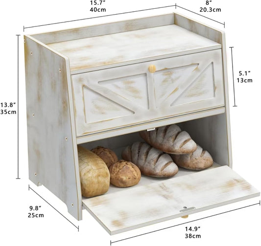 Vintage Double Layer Bread Box for Kitchen Counter Bamboo Bread Storage Container Large Capacity Bread Storage Bin (Antique White)