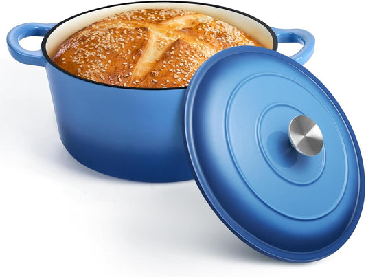 P&P CHEF 7QT Enameled Dutch Oven, Cast Iron Dutch Oven Pot with Lid for Bread Baking, Enameled Casserole Pot for Roasting Braising Stewing Frying Simmering, Various Stoves & Easy Clean, Blue - Nestoria