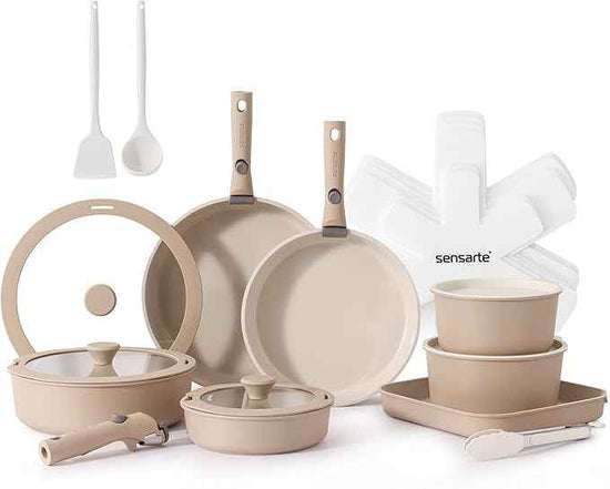 SENSARTE 24 Piece Ceramic Pots and Pans Set, Nonstick Detachable Handle Cookware, Induction Cookware Set with Removable Handle, Healthy Non Stick for RV, Dishwasher＆Oven Safe, PFOA Free (Almond Beige)