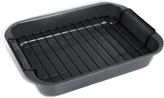 kitCom Bakeware Nonstick Roaster, Nonstick Roasting Pan with Rack, Great For Roast Chicken, Roasts And Turkeys - 15 Inch x 11 Inch (5.8 QT), Gray - Nestoria