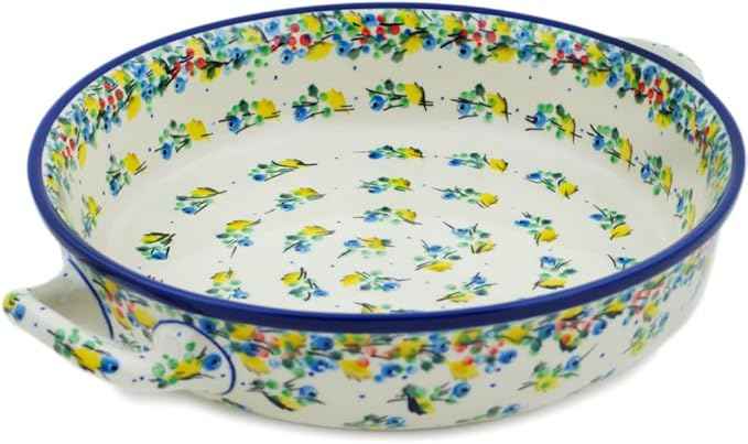 Polmedia Polish Pottery Round Baker with Handles 10-inch UNIKAT - Blueberry Season Pattern Handmade in Boleslawiec Poland by Ceramika Artystyczna + Certificate of Authenticity